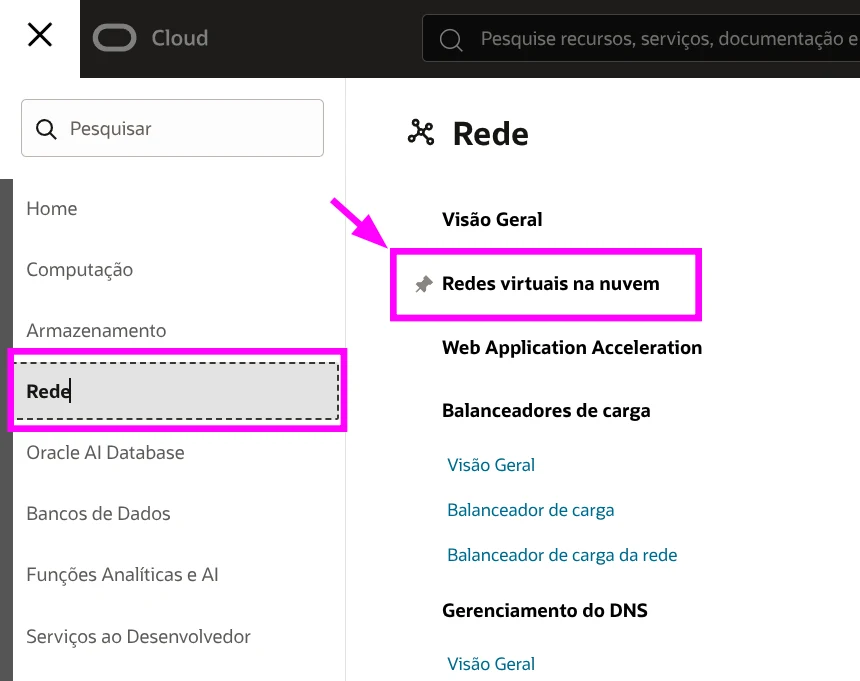 Oracle Cloud navigation menu: Networking to Virtual Cloud Networks