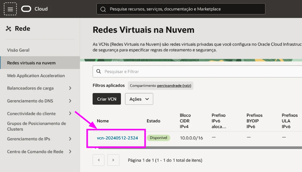 Selecting the target VCN from the Oracle Cloud VCN list