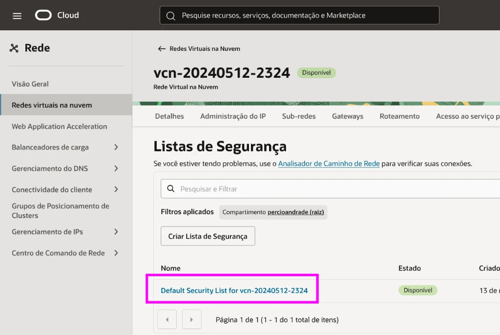 Opening the Default Security List under VCN resources in OCI