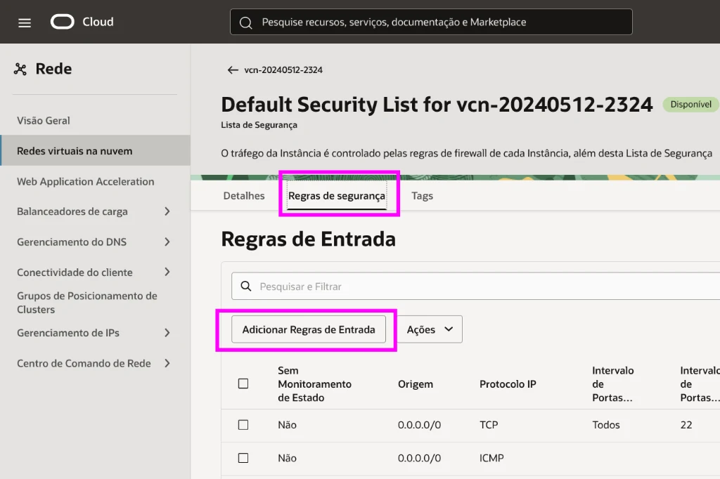 Security rules tab and Add Ingress Rules button in OCI console