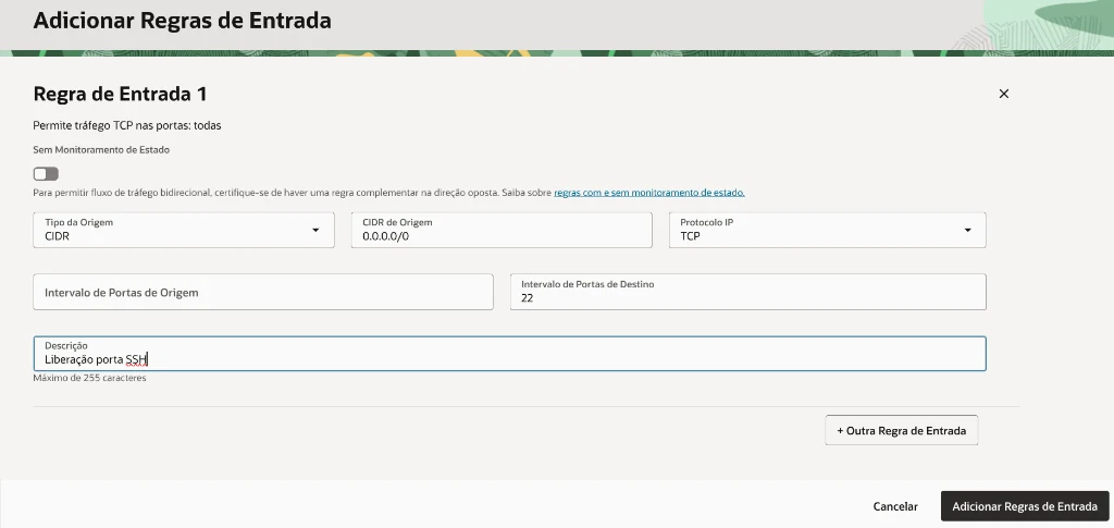 Add Ingress Rules modal form in Oracle Cloud Infrastructure console