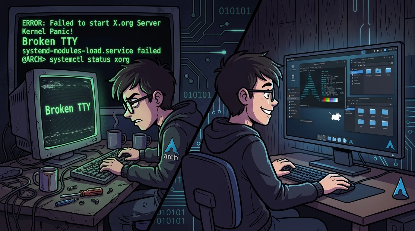 De TTYs quebrados a um desktop XFCE4 funcional no Arch Linux: análise de causa raiz