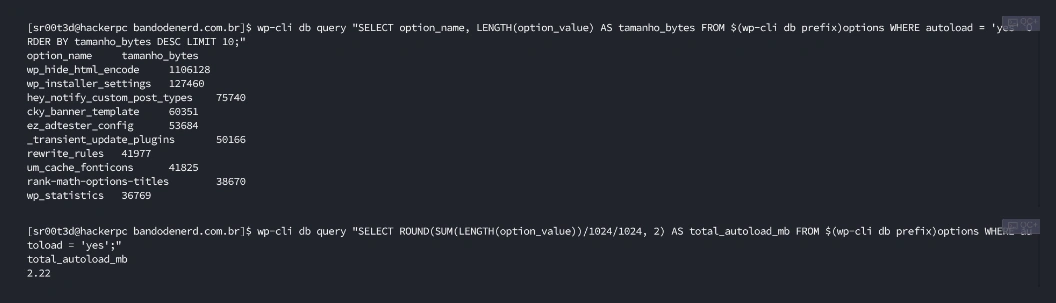 Auditoria de autoload no banco de dados via WP-CLI em produção mostrando o consumo de memória do options