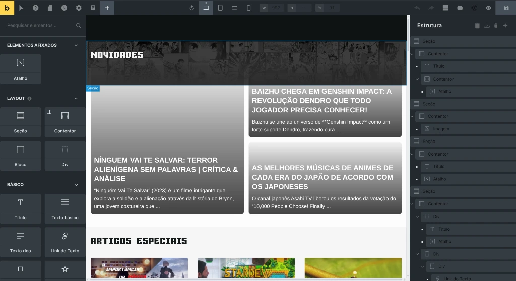 Painel de estrutura do BricksBuilder exibindo árvore de elementos semânticos limpos e organizados