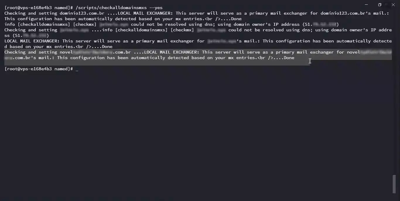 Terminal showing the checkalldomainsmxs script forcing Local routing