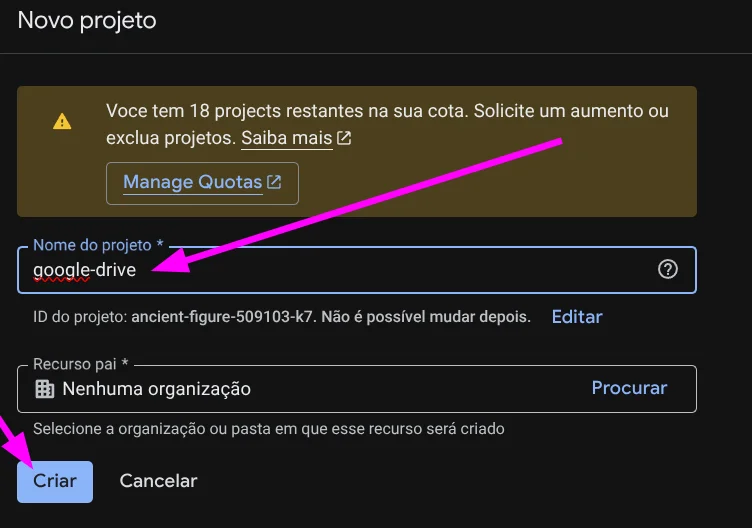 Figure 3: Setting project name to google-drive and confirming by clicking Create