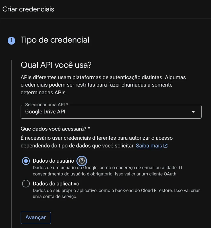 Figure 10: Selecting Google Drive API and User data in Credential Type wizard