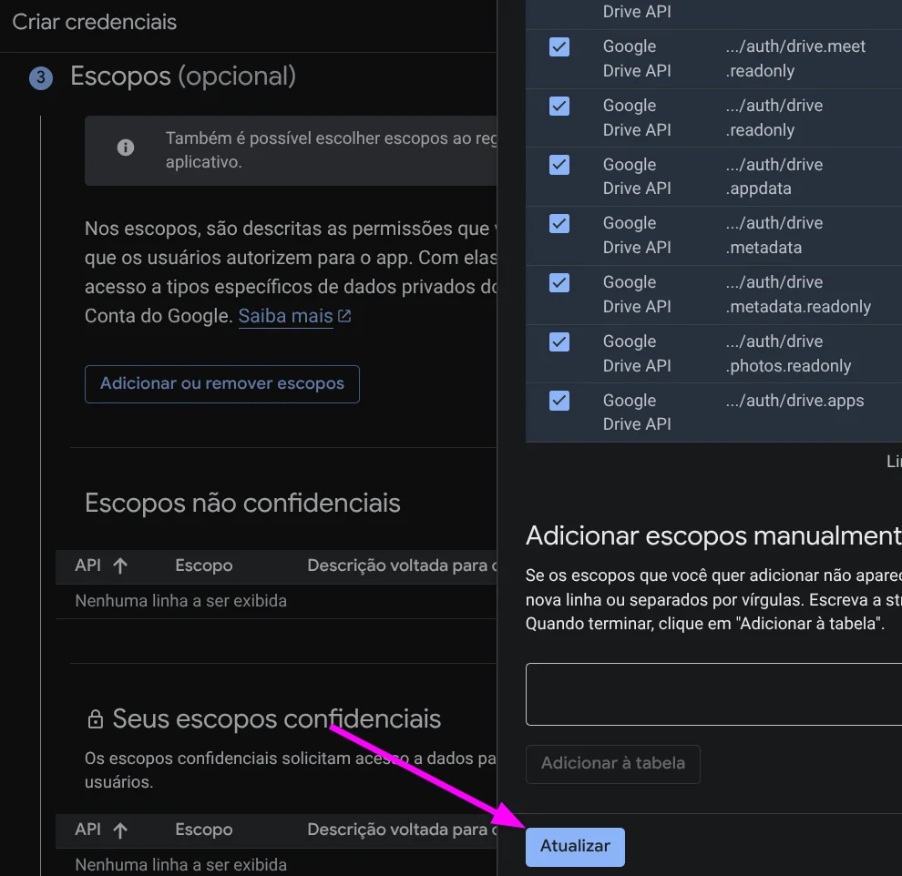 Figure 13: Selecting Google Drive scopes and confirming with Update button