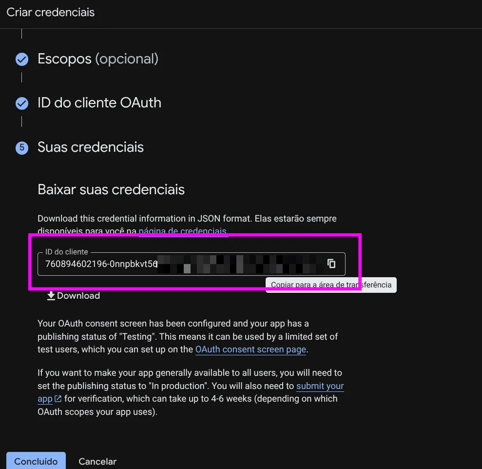 Figure 16: Credentials confirmation screen showing Client ID and Download JSON button