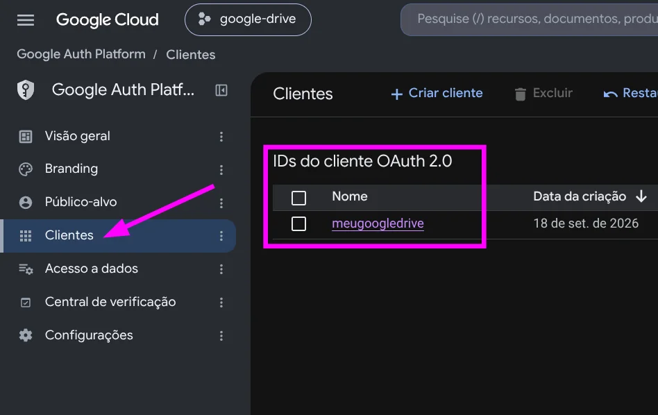 Figure 17: Navigating to Clients menu and selecting the meugoogledrive app