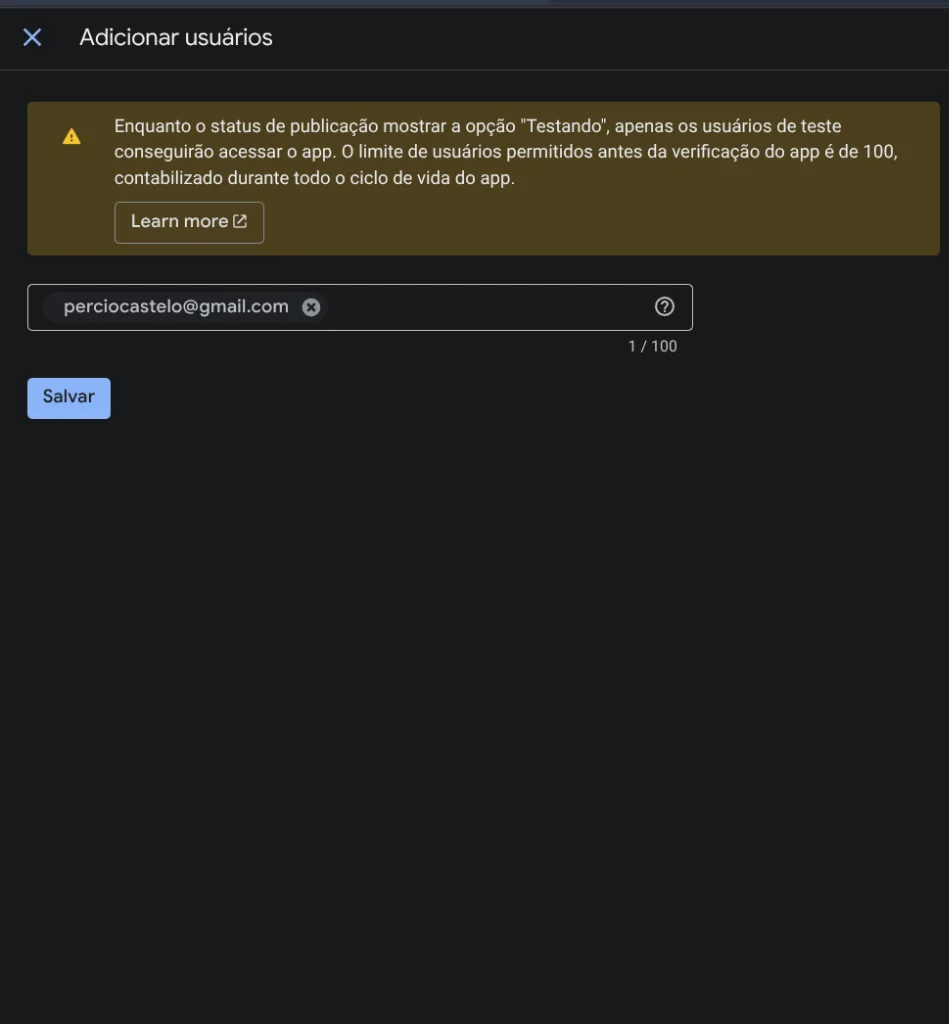 Figure 20: Adding test user email address and clicking Save