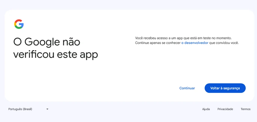 Figure 21: Standard Google unverified app warning screen with Continue button