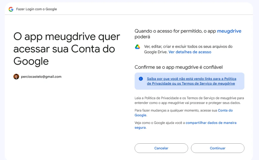 Figure 22: Final consent screen granting Google Drive scopes to meugdrive app