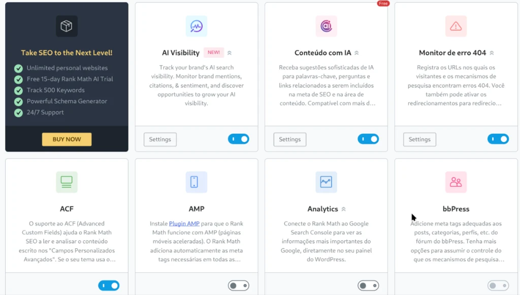 Rank Math modular feature dashboard in WordPress