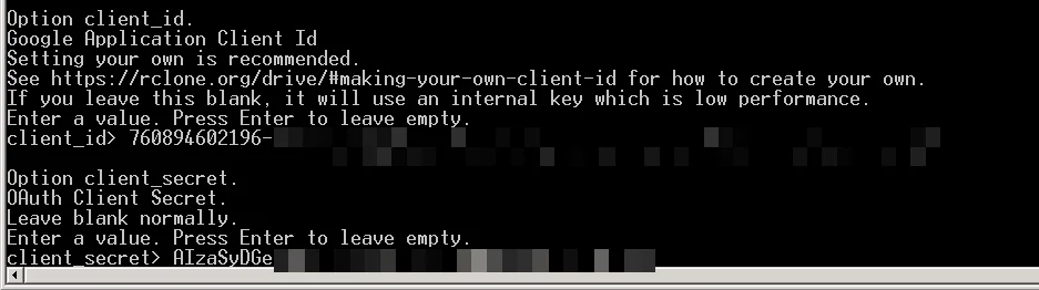Figure 23: Entering dedicated Client ID and Client Secret in Rclone configuration wizard
