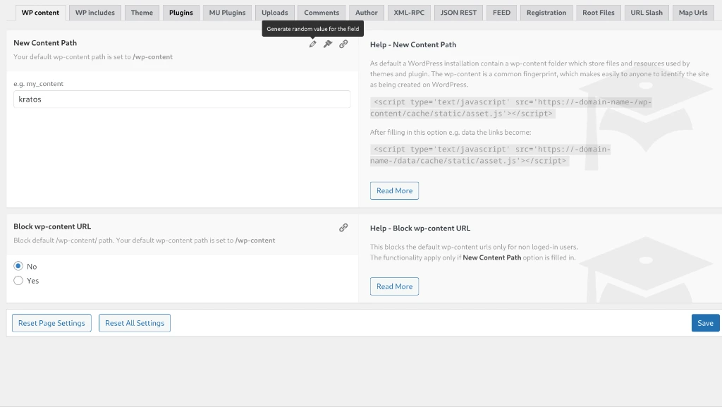 Painel do WP Hide & Security Enhancer configurando novo caminho customizado para o diretório de conteúdo