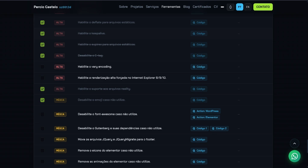 Checklist interativo da ferramenta WPLista com diretivas de otimização para Elementor e segurança do WordPress